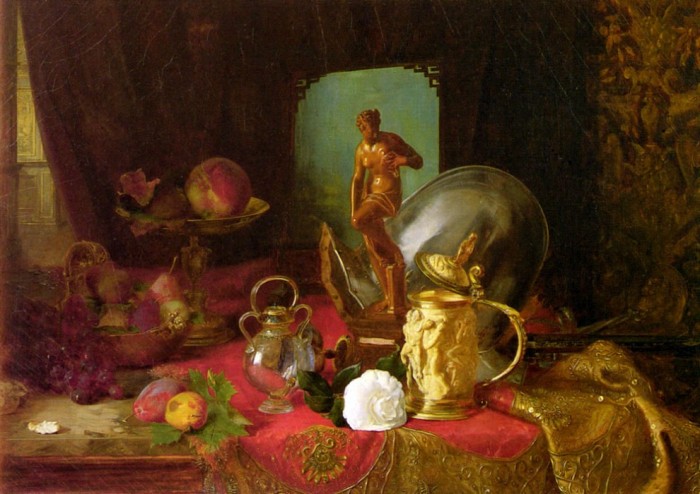 A Still Life with Fruit, Objets d'Art and a White Rose on a Table