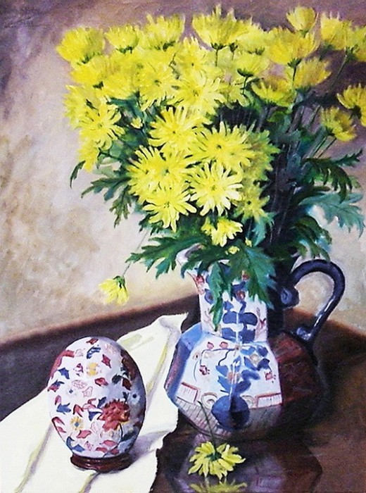 Yellow Chrysanthemums and Porcelain Egg