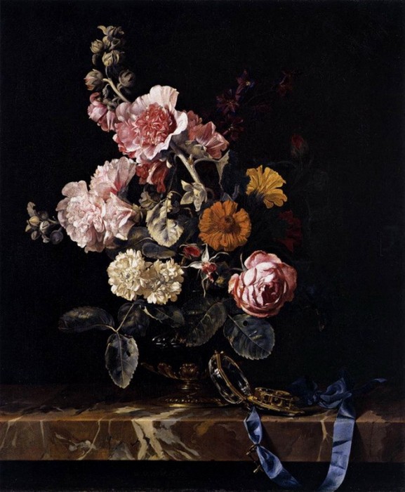 Willem van AELST - VASE OF FLOWERS WITH WATCH 1665 