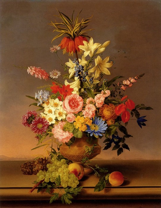 Still life of various flowers in a vase with bunches of grapes and peaches