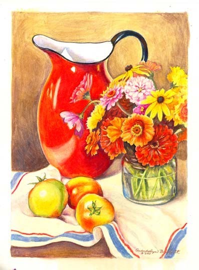 Red Pitcher & Zinnias