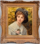 James Oliver - portrait of a lady in a wide brimmed hat wearing a rose, signed and dated 1880
